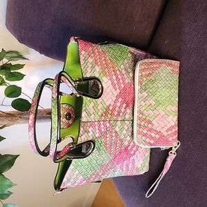 Pink & Green Faux Woven Purse